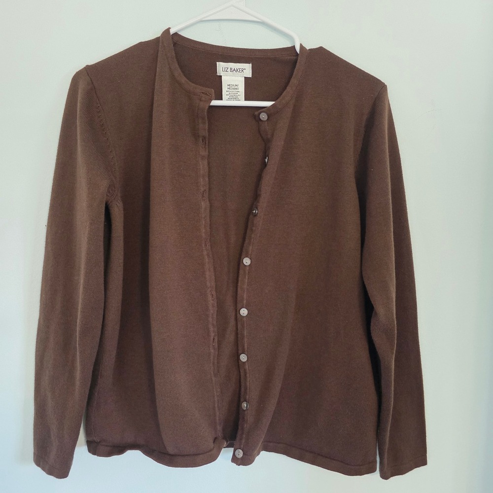 Liz Baker Womens Brown Button Front Cardigan Sweater Medium Cotton Blend Knit